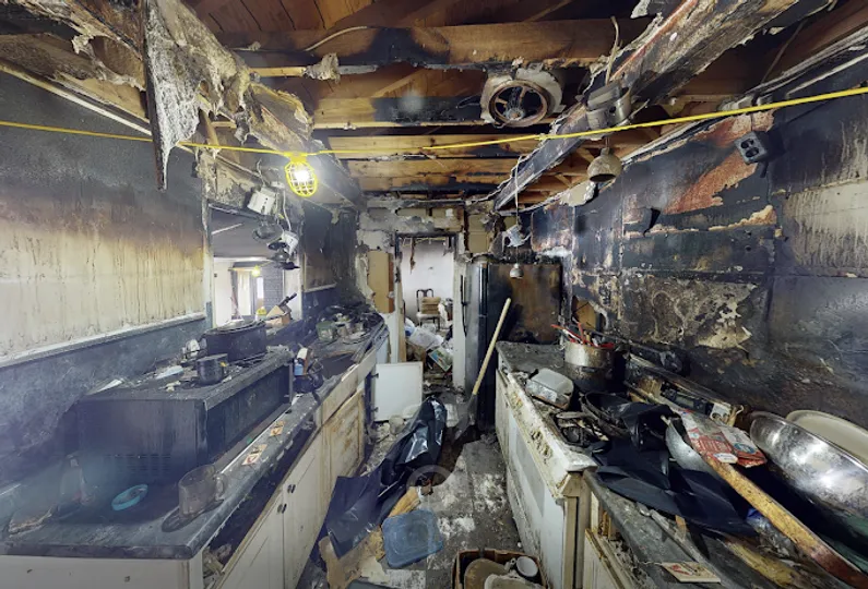 A smoke and fire damaged room.