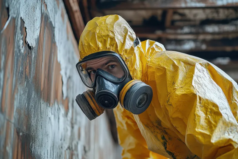 Trained asbestos abatement workers using protective equipment in a controlled work area