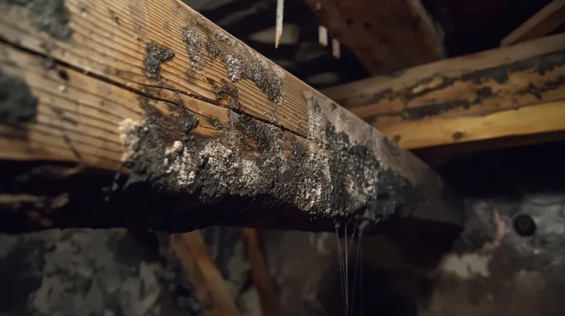 A basement with black mold growing.