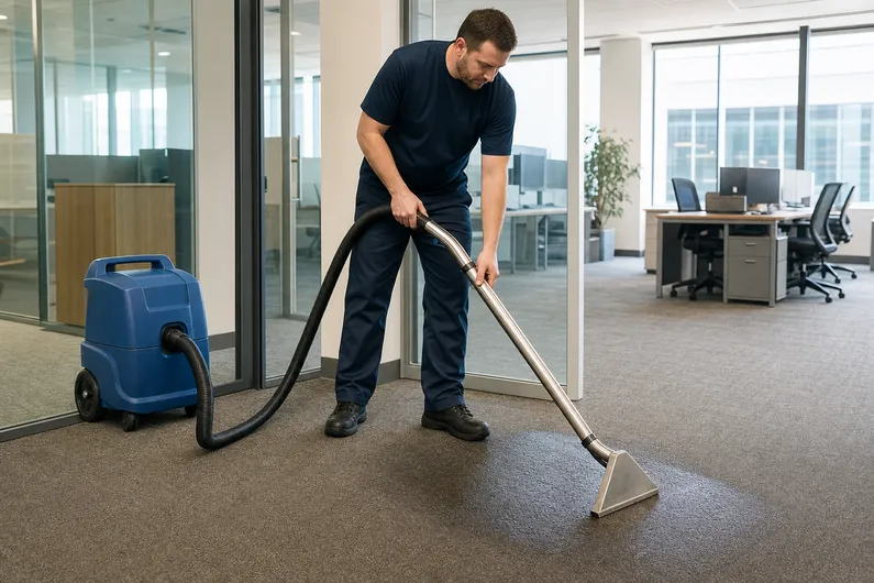 Restoration technician extracting water from office carpet after commercial water damage.