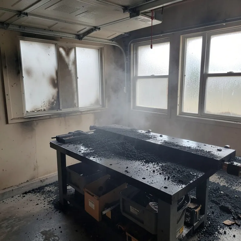 A garage damaged from soot damage and smoke damage.