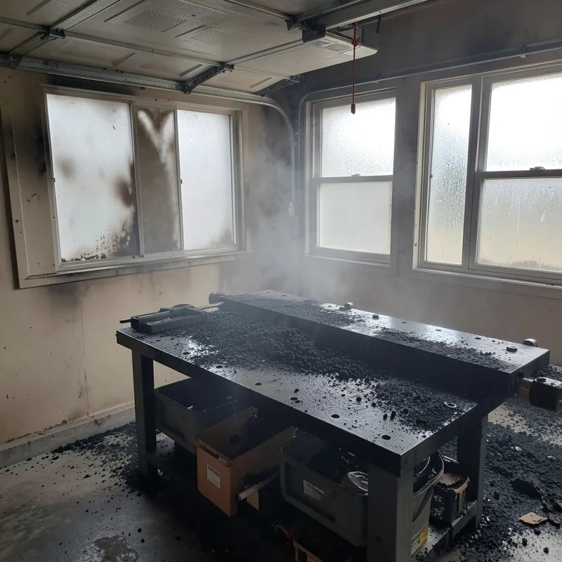 A garage damaged from soot damage and smoke damage.